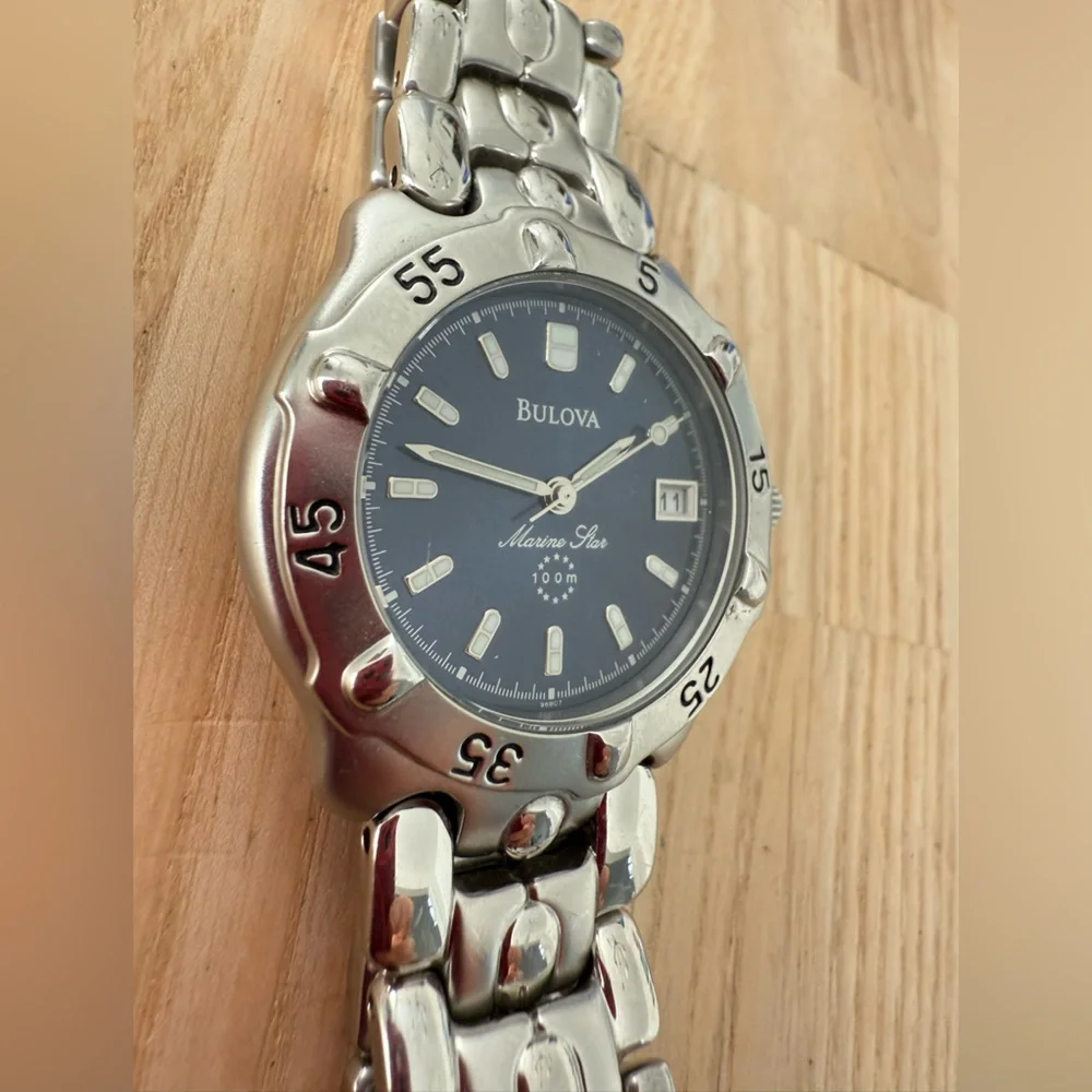 Bulova marine star navy blue dial stainless steel watch NEW BATTERY